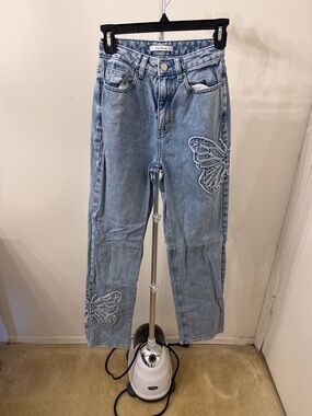 PacSun Light Blue Straight Leg Jeans with Butterfly Embroidery